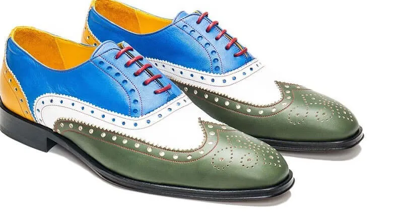 Men's Handmade Multi Color Leather Lace Up Shoes, Men's Dress Wing Tip Brogue Shoes