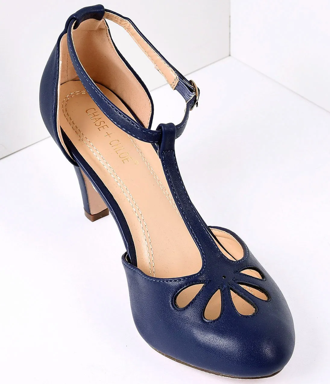 Navy Blue Pleather Cutout Kimmy T-Strap Heels