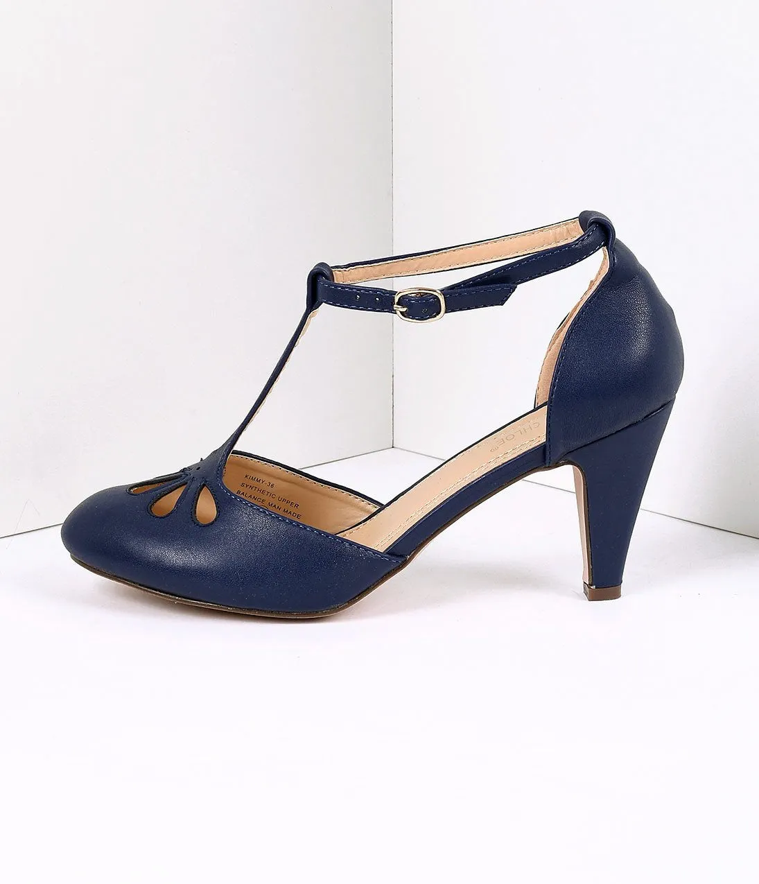 Navy Blue Pleather Cutout Kimmy T-Strap Heels