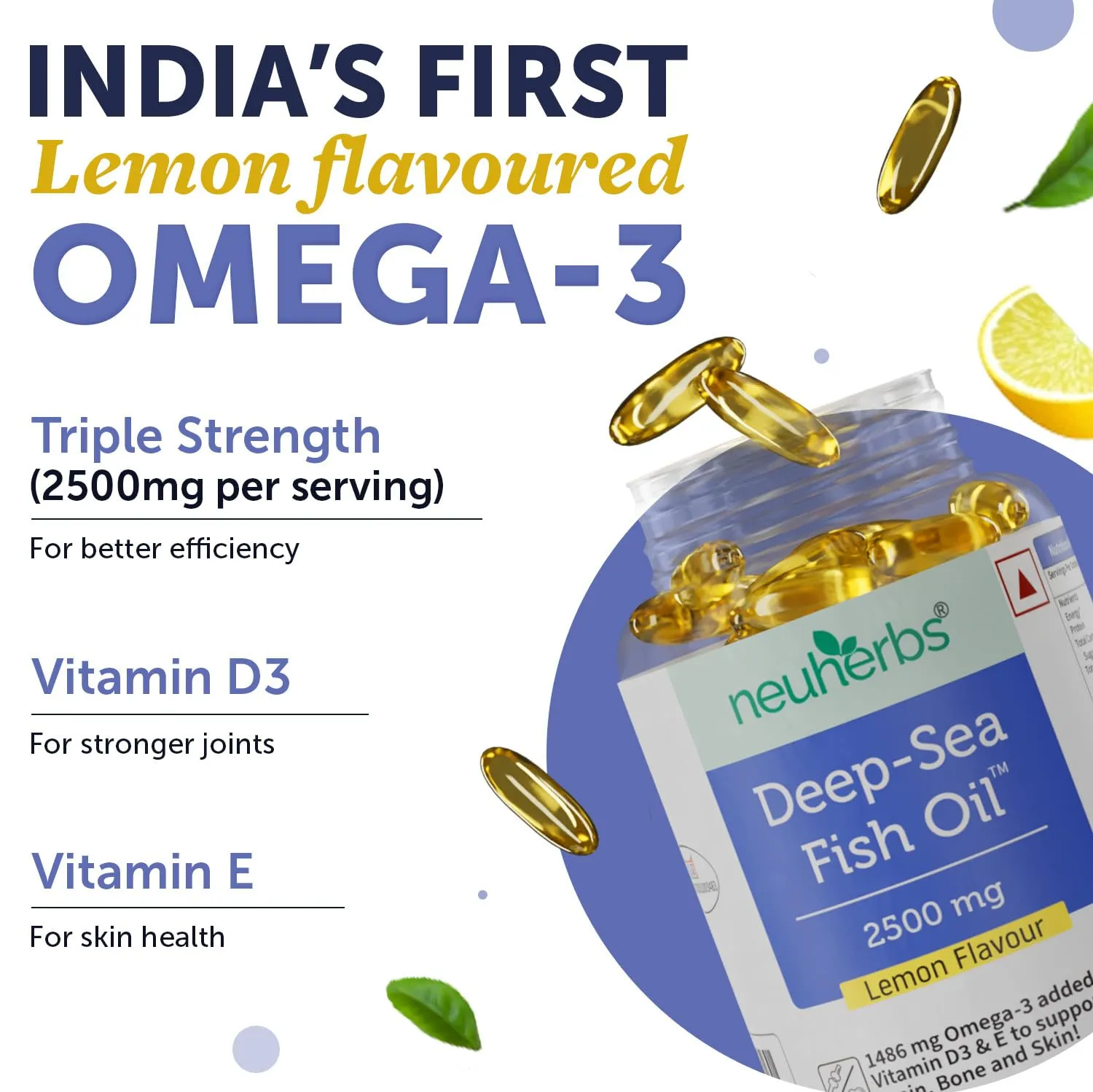 Neuherbs Deep Sea Omega 3 Fish Oil - Omega 3 Supplement Triple Strength 2500 Mg, Fish Oil softgels With No Fishy Burps with Lemon Flavour- 180 Softgel (60 Softgel Pack of 3) for Men and women