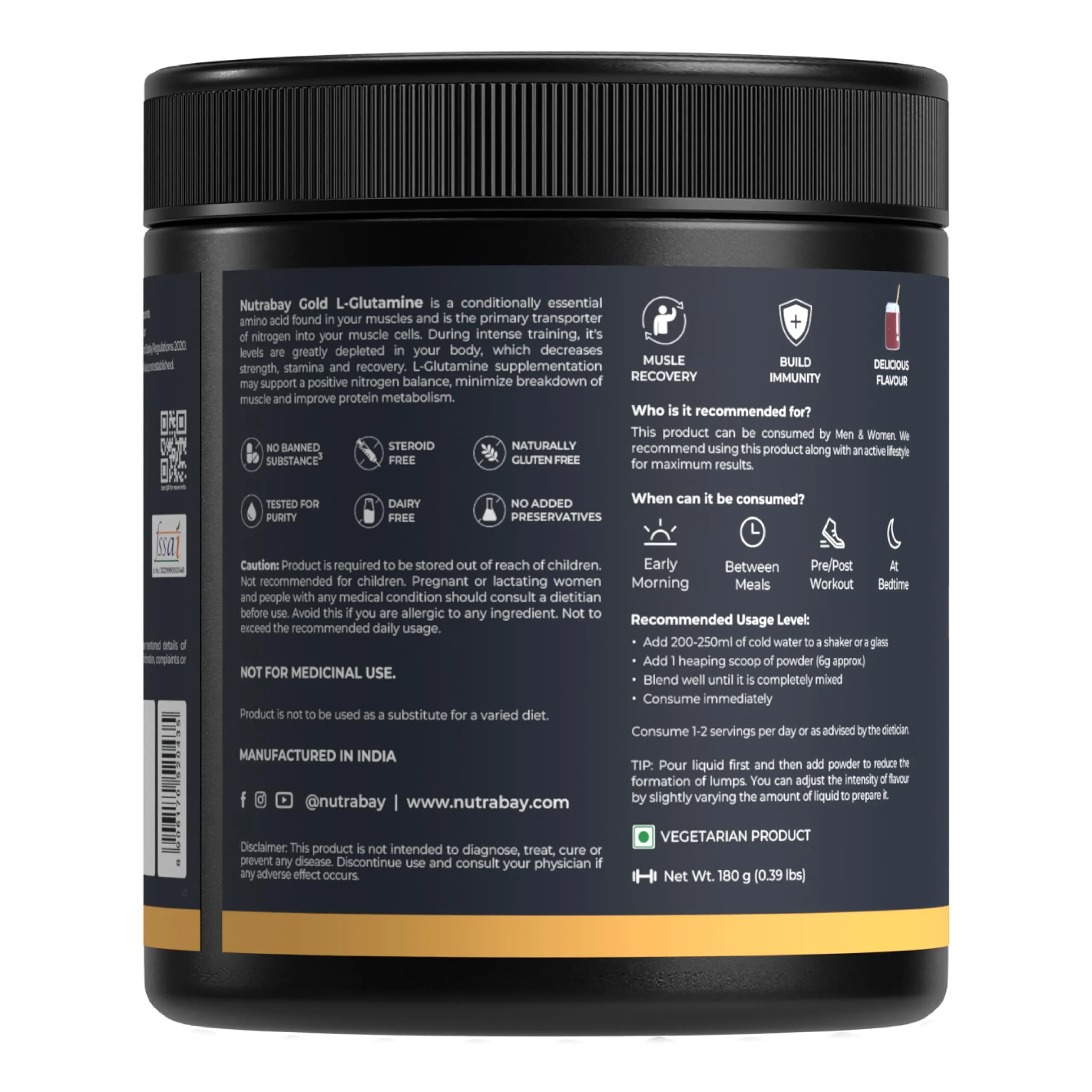 Nutrabay Gold L-Glutamine Supplement Powder - 180g, Cola Flavor | Post Workout Amino Acid for Muscle Growth & Recovery