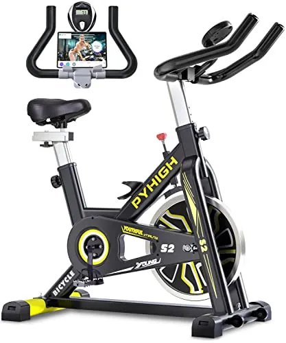 PYHIGH Indoor Cycling Bike Stationary Exercise Bike, Excersize Bike Comfortable Seat Cushion, Belt Drive, Ipad Holder with LCD Monitor for Home Cardio Workout Fitness Machine (Yellow)