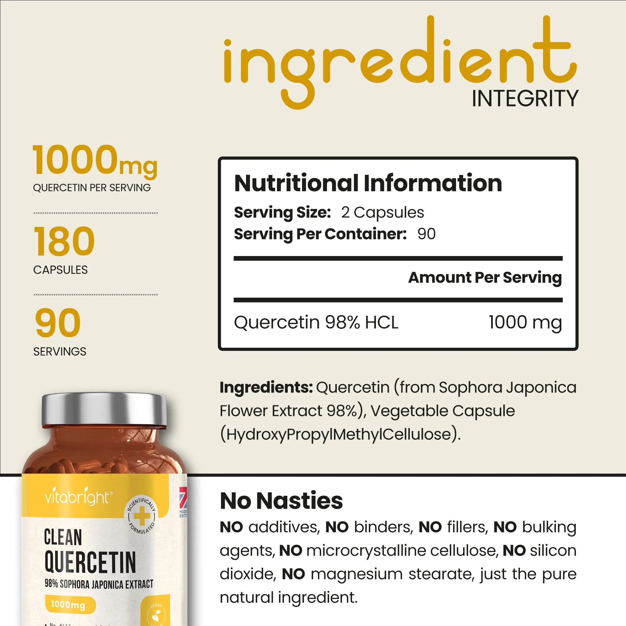 Quercetin Capsules 500mg Capsules - 98% Extract - 1000 mg pure extract