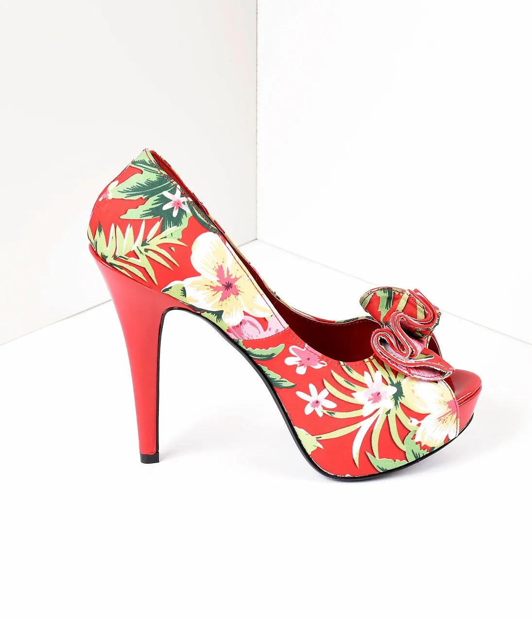 Red Tropical Print Peep Toe Lolita Heels