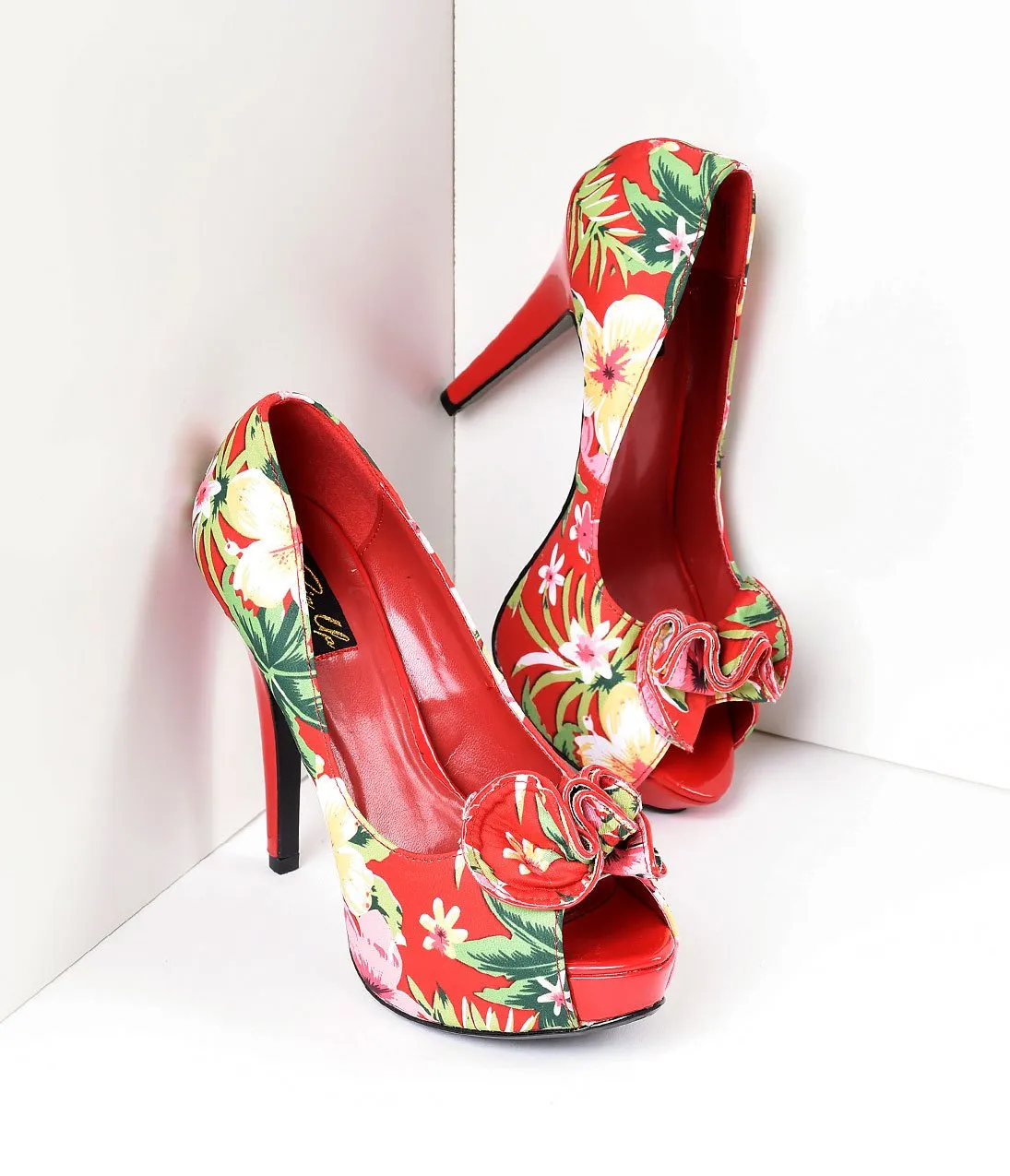 Red Tropical Print Peep Toe Lolita Heels