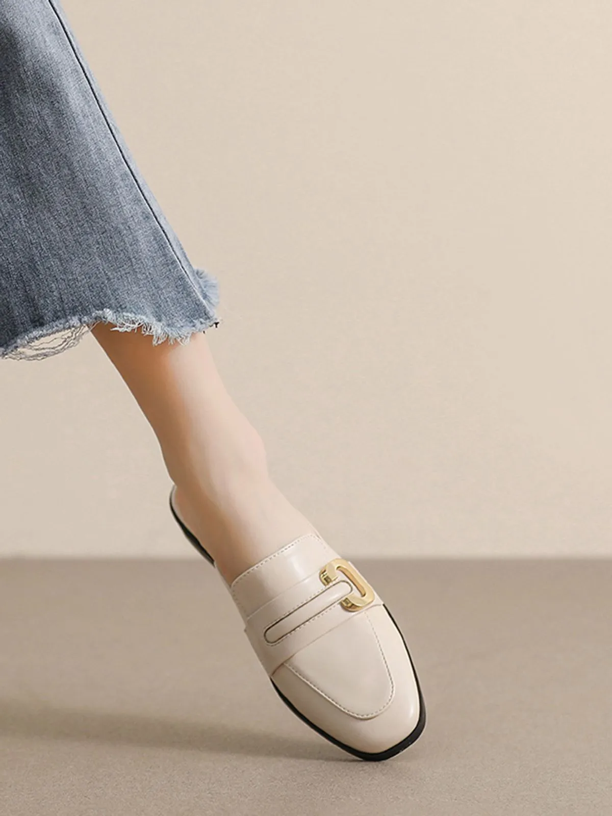 Retro Beige Leather Loafers Half Slippers