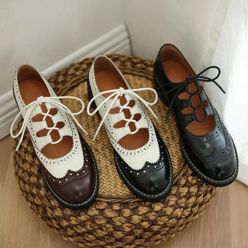 Retro Lace Up Leather Shoes Round Toe Brogue Oxford Shoes in Black/Brown/White