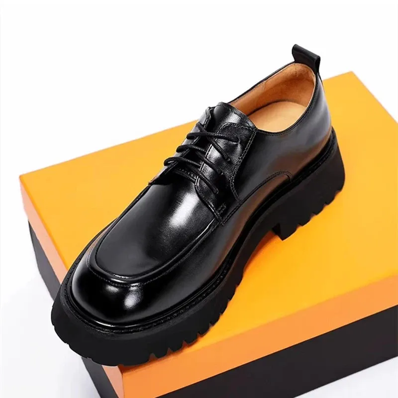 Solid Black Genuine Leather Derby Shoes