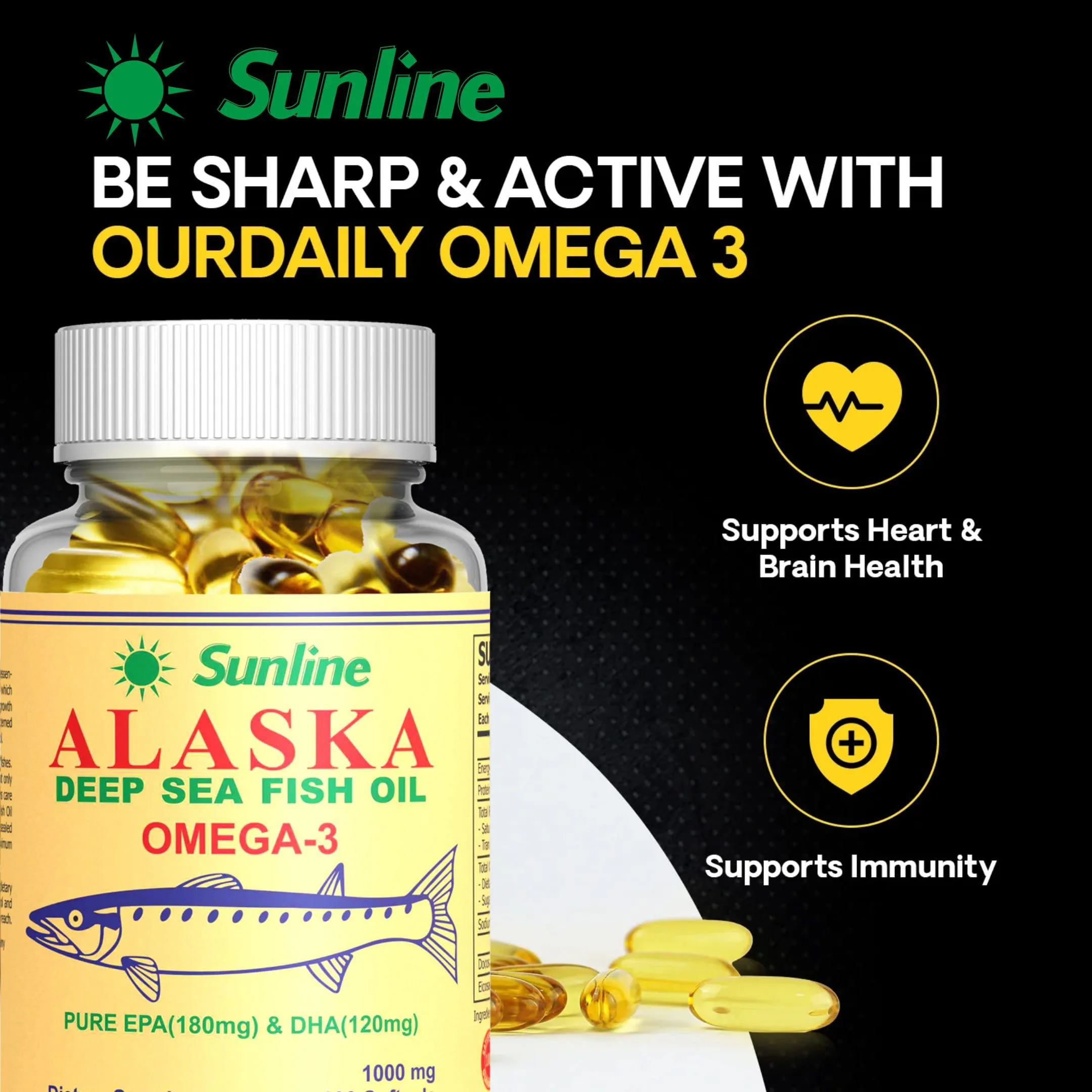 Sunline Alaska Omega-3 | Deep Sea Fish Oil | 1000Mg,100 Softgels