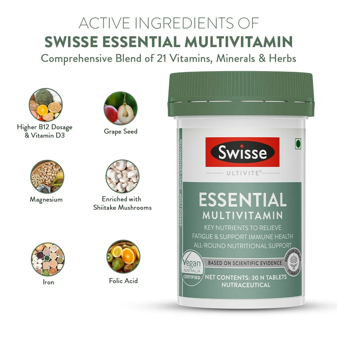 Swisse Essential Multivitamin For Men & Women, 30 Tablets - Vegan Certified Multivitamin with 100% RDA of Vitamin B, Vitamin E, Biotin & Minerals - Australia's No. 1 Multivitamin Brand