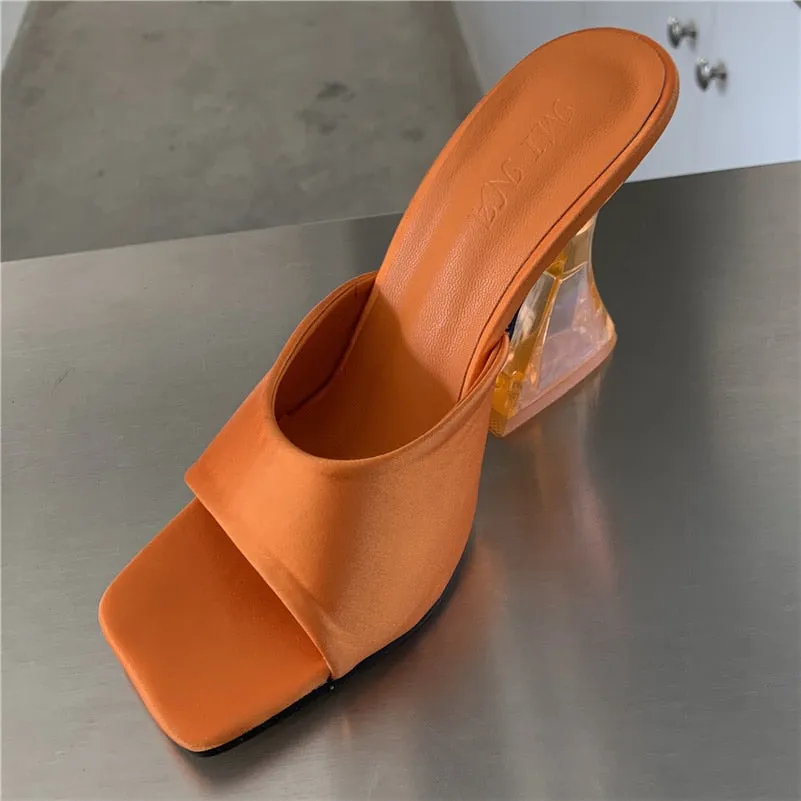 Uniwim 2024  Women Summer 11Cm High Heels Slides Lady Transparent Clear Heels Silk Satin Mules Fashion Slipper Peach Orange Quality Shoe