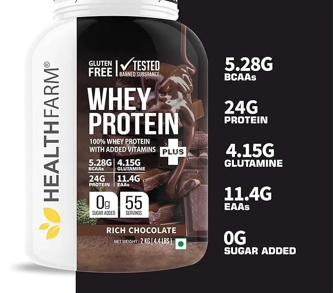 Whey Protein Plus with Added Vitamins (Rich Chocolate, 2kg - 4.4lb) | 24gm Protein Per Serving, Build Lean & Big Muscle