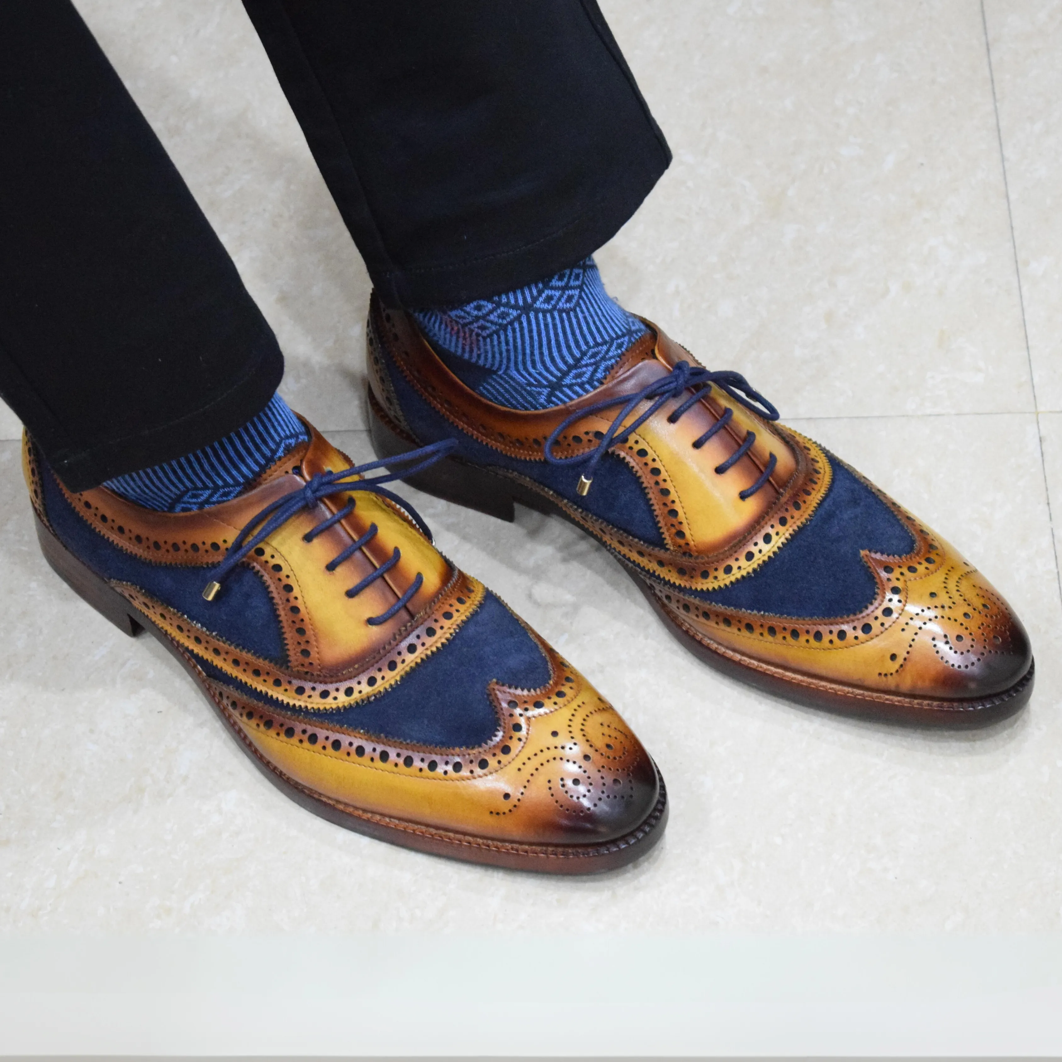 Wingtip Brogue Oxford- Navy Suede