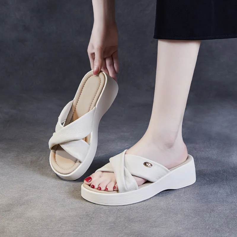 Women Casual Leather Soft Platform Slides Sandals