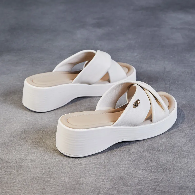 Women Casual Leather Soft Platform Slides Sandals