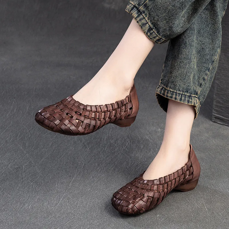 Women Handcraft Plaited Leather Soft Low Block Sandals