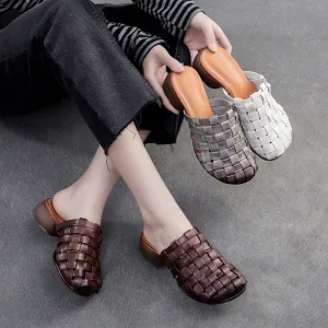 Women Handmade Plaited Leather Low Block Slides Sandals