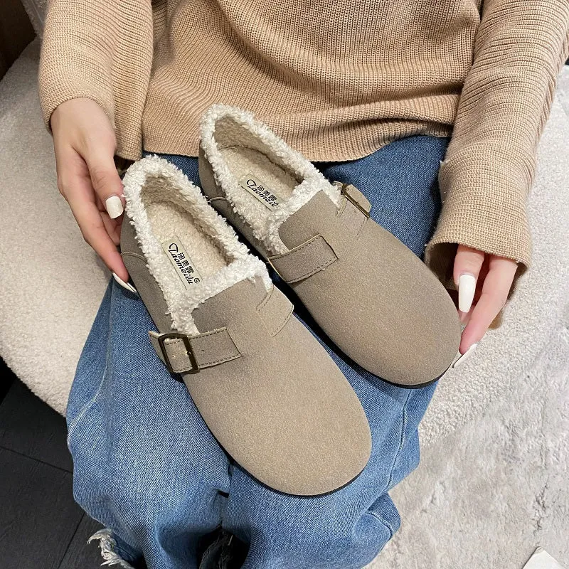 Women Retro Leather Furred Solid Casual Loafers