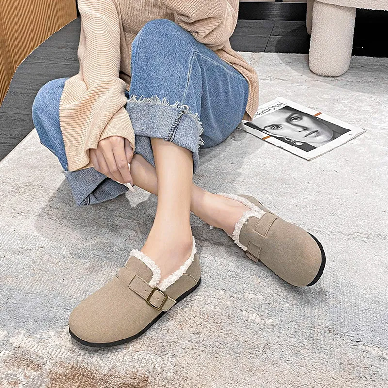 Women Retro Leather Furred Solid Casual Loafers