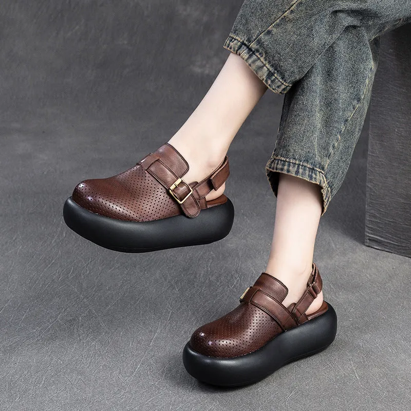 Women Retro Leather Velcro Tape Platform Sandals