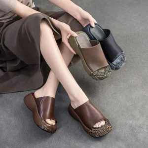 Women Retro Soft Leather Casual Thick Soled Slides