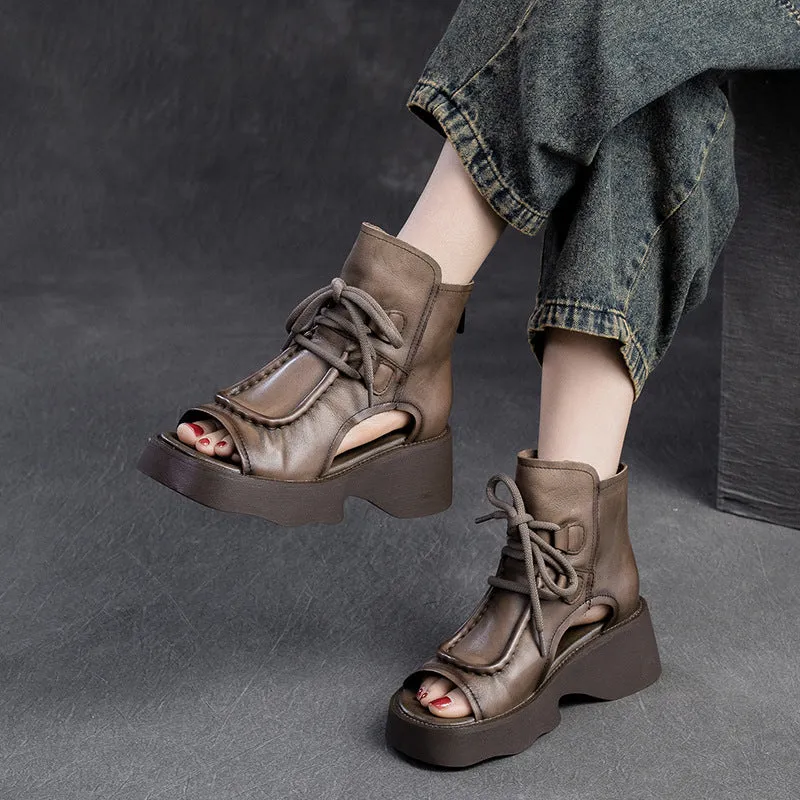 Women Retro Soft Leather High Top Platform Sandals