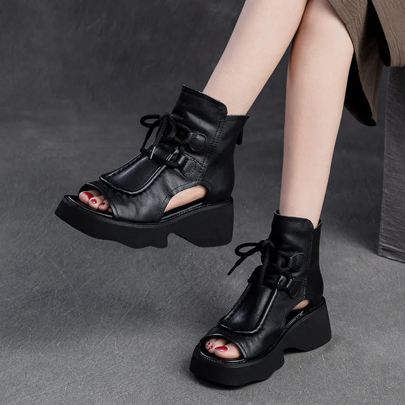 Women Retro Soft Leather High Top Platform Sandals