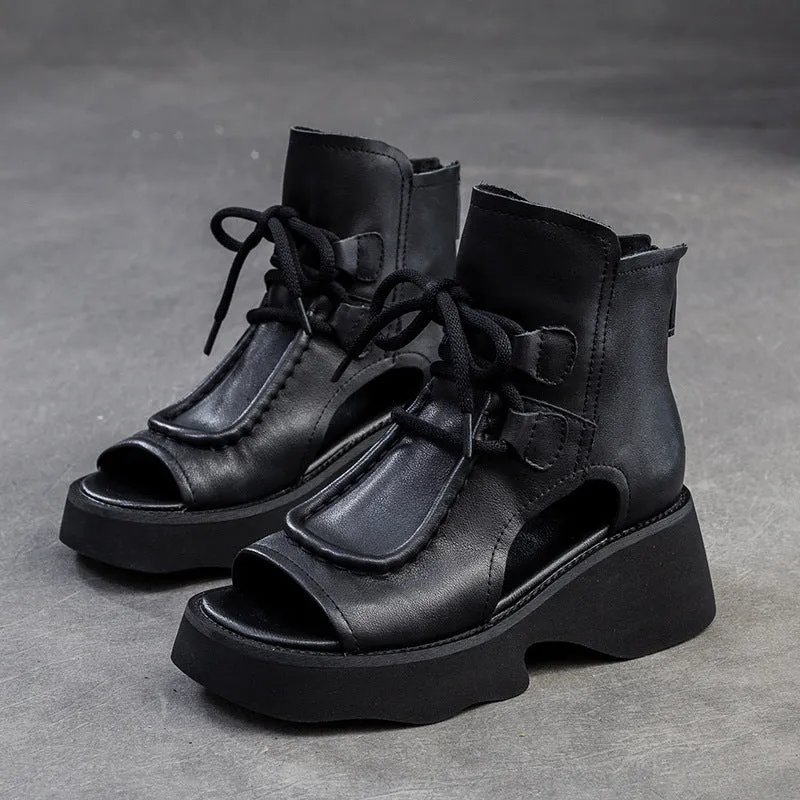 Women Retro Soft Leather High Top Platform Sandals