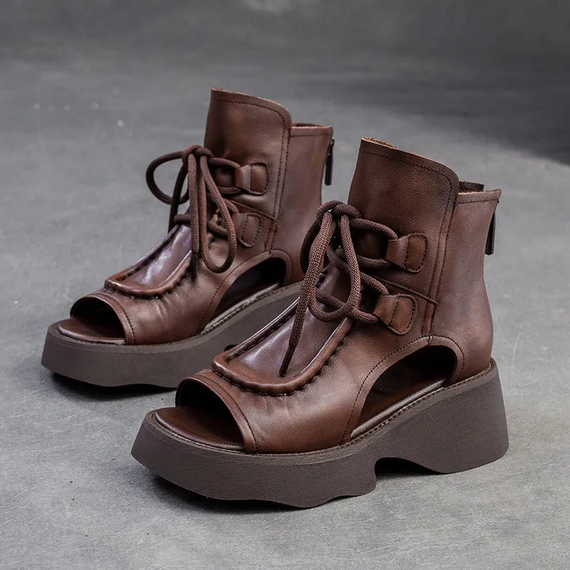 Women Retro Soft Leather High Top Platform Sandals