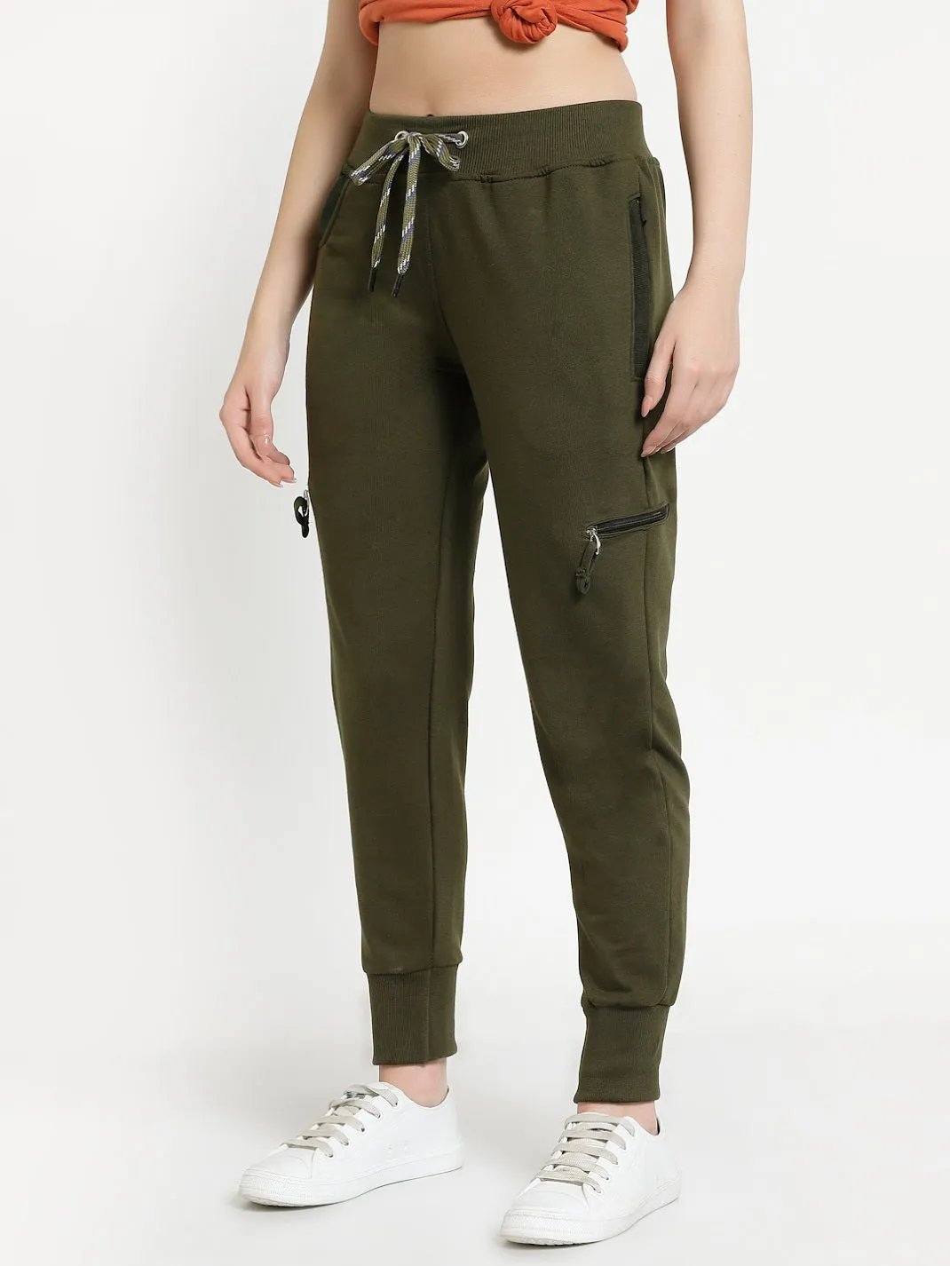 Women's Cotton Regular Fit Joggers Track Pants with 4 Zippered Pockets