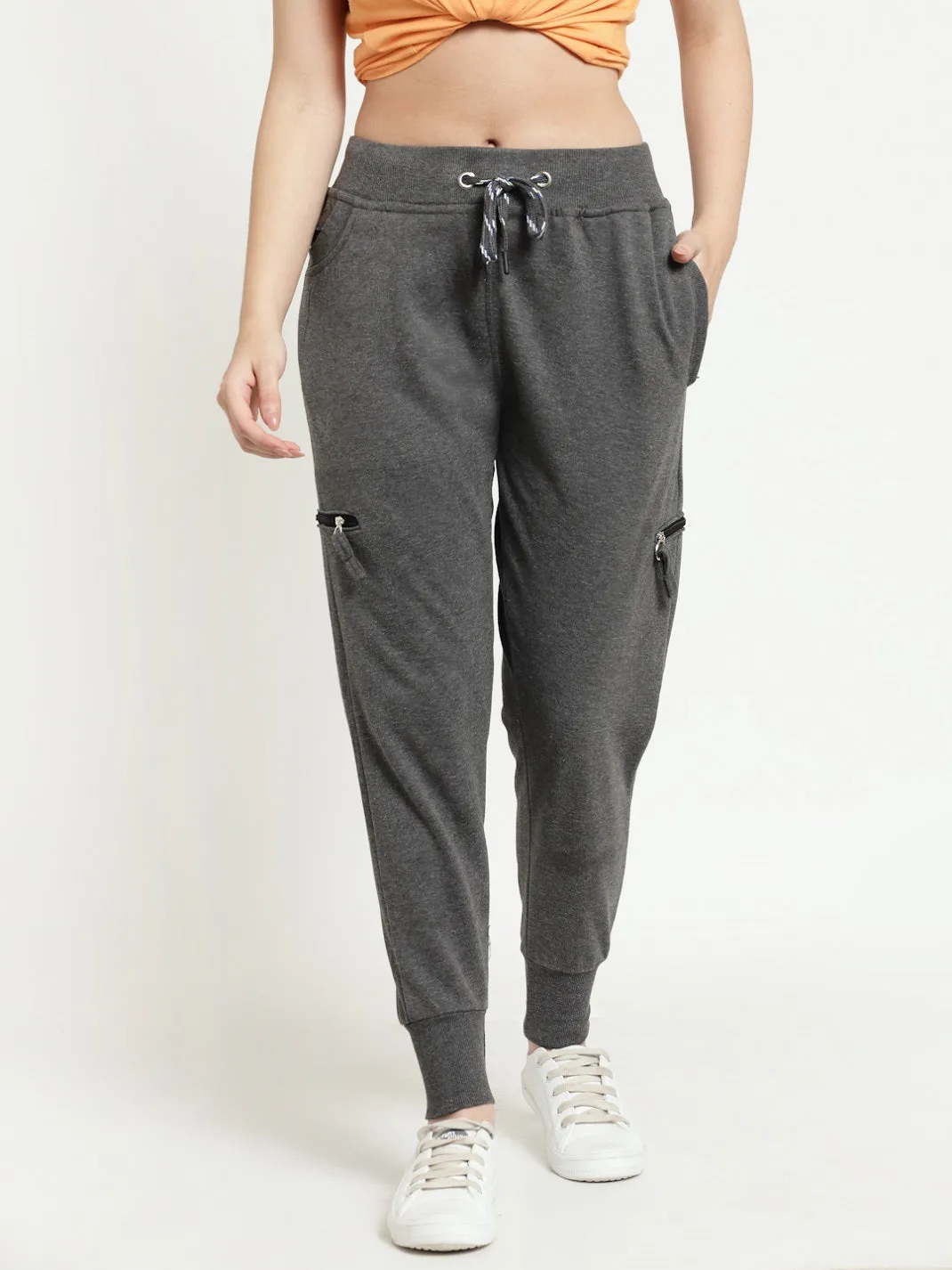 Women's Cotton Regular Fit Joggers Track Pants with 4 Zippered Pockets