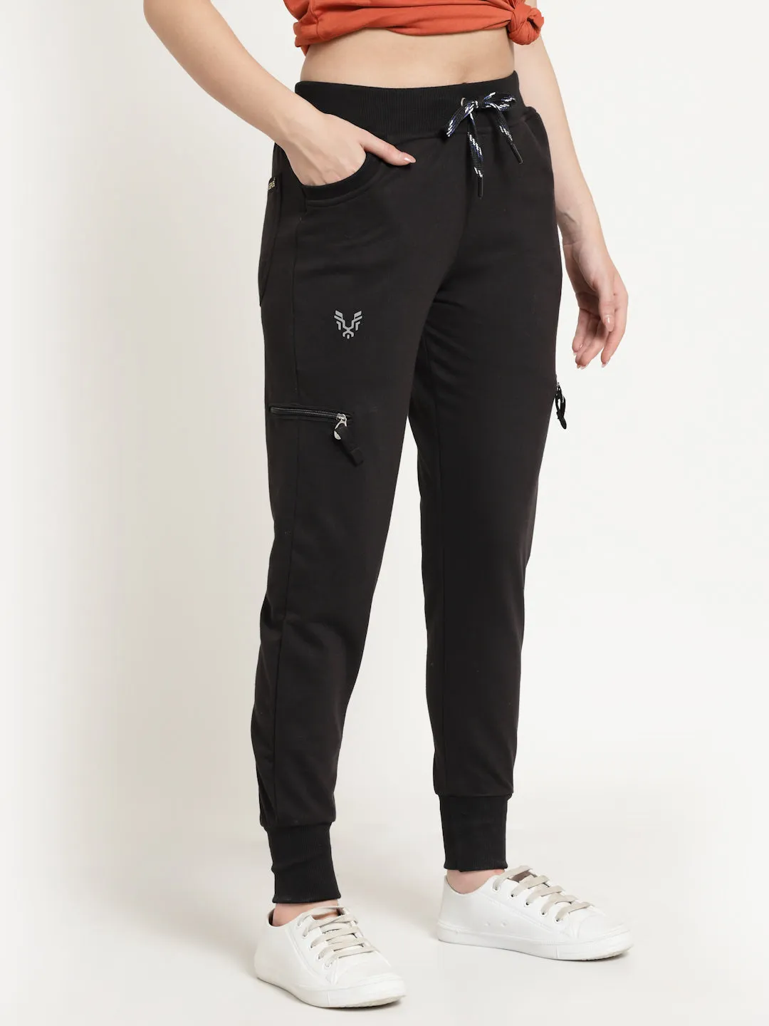 Women's Cotton Regular Fit Joggers Track Pants with 4 Zippered Pockets