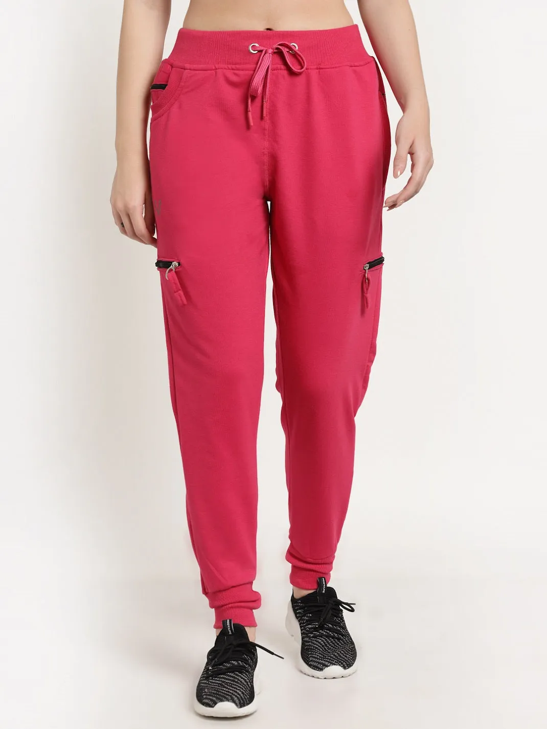 Women's Cotton Regular Fit Joggers Track Pants with 4 Zippered Pockets