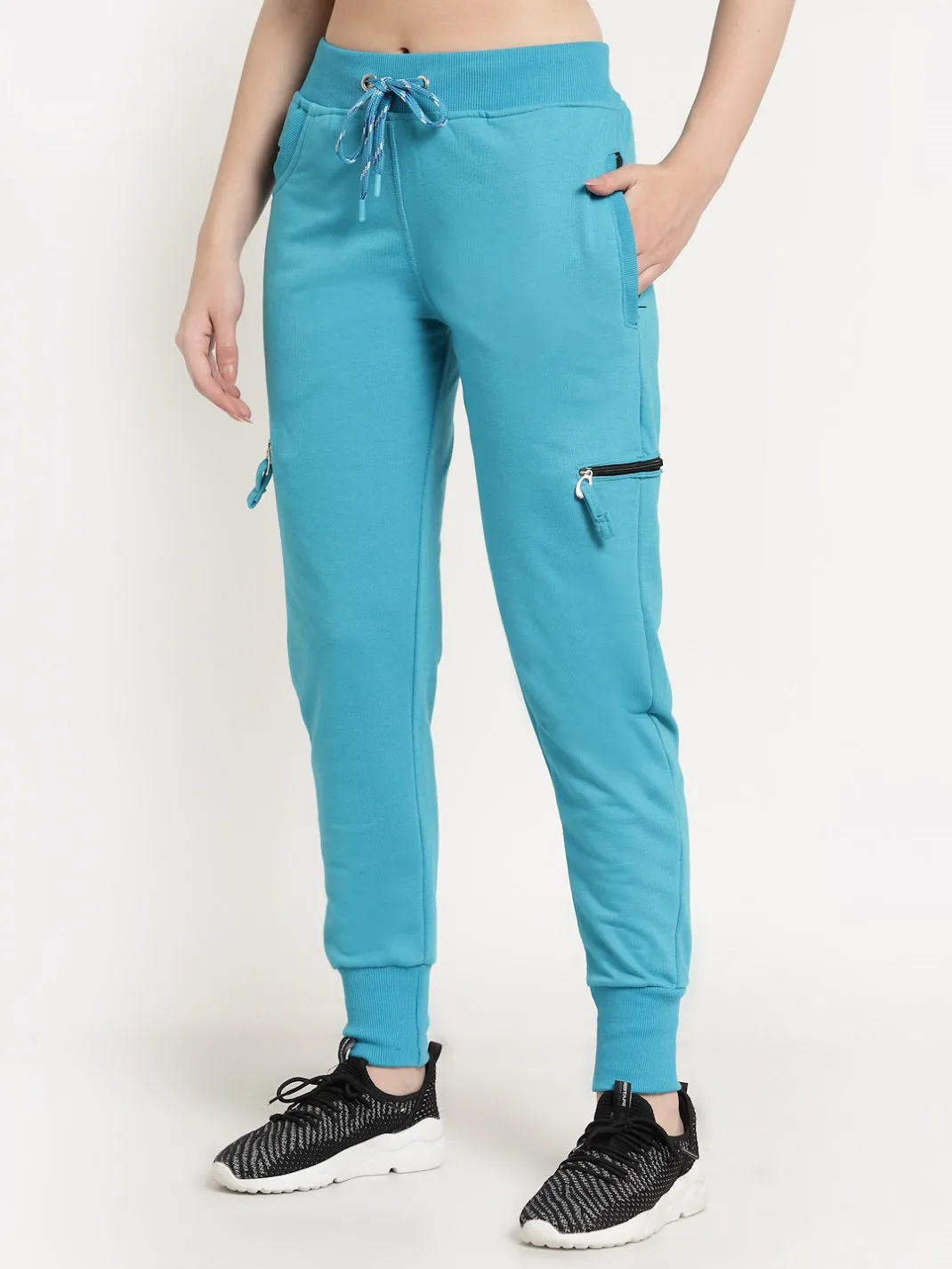 Women's Cotton Regular Fit Joggers Track Pants with 4 Zippered Pockets