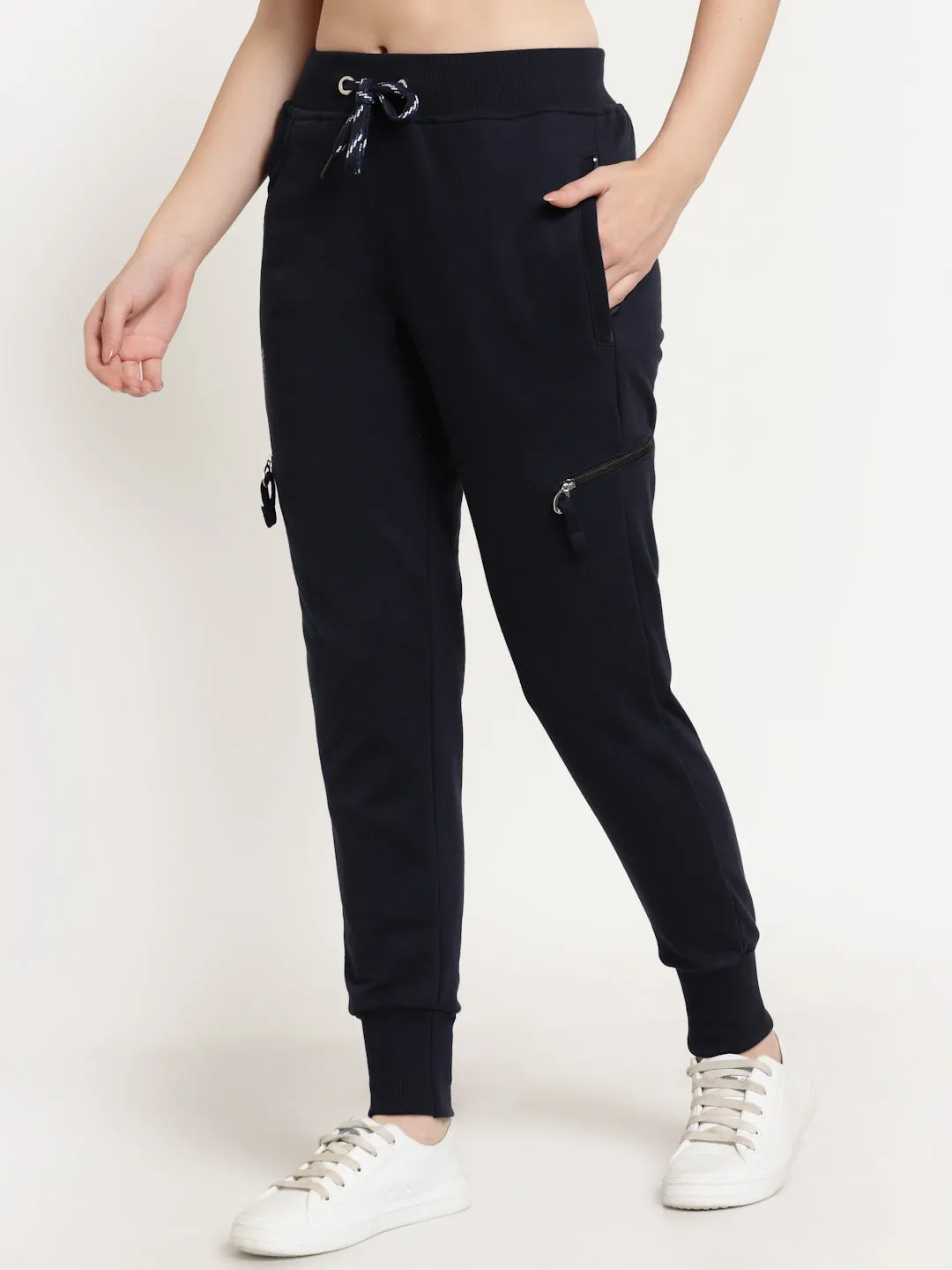 Women's Cotton Regular Fit Joggers Track Pants with 4 Zippered Pockets