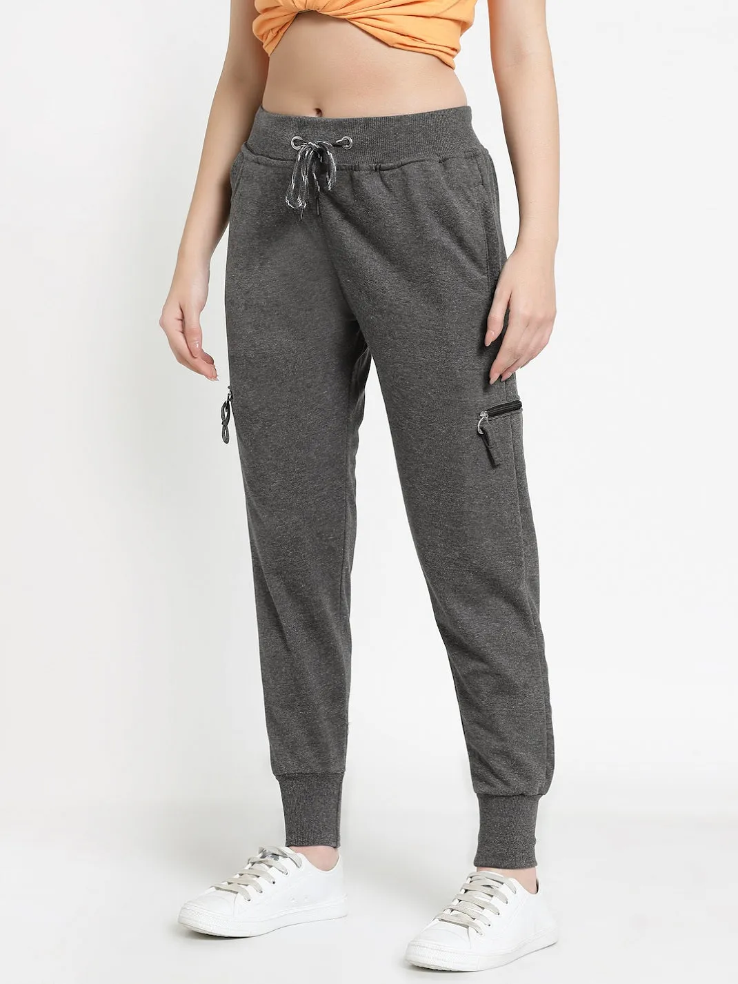 Women's Cotton Regular Fit Joggers Track Pants with 4 Zippered Pockets