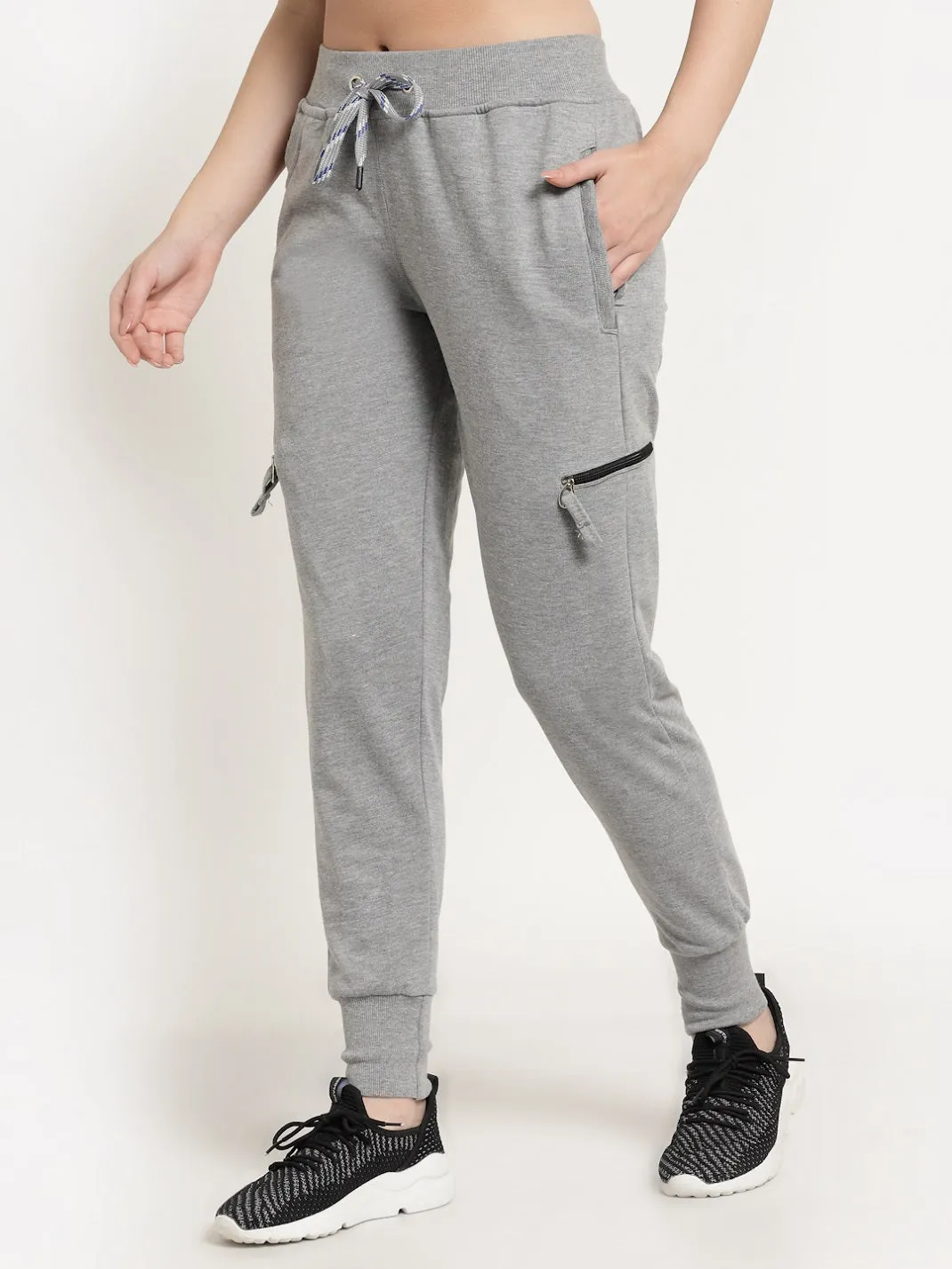 Women's Cotton Regular Fit Joggers Track Pants with 4 Zippered Pockets