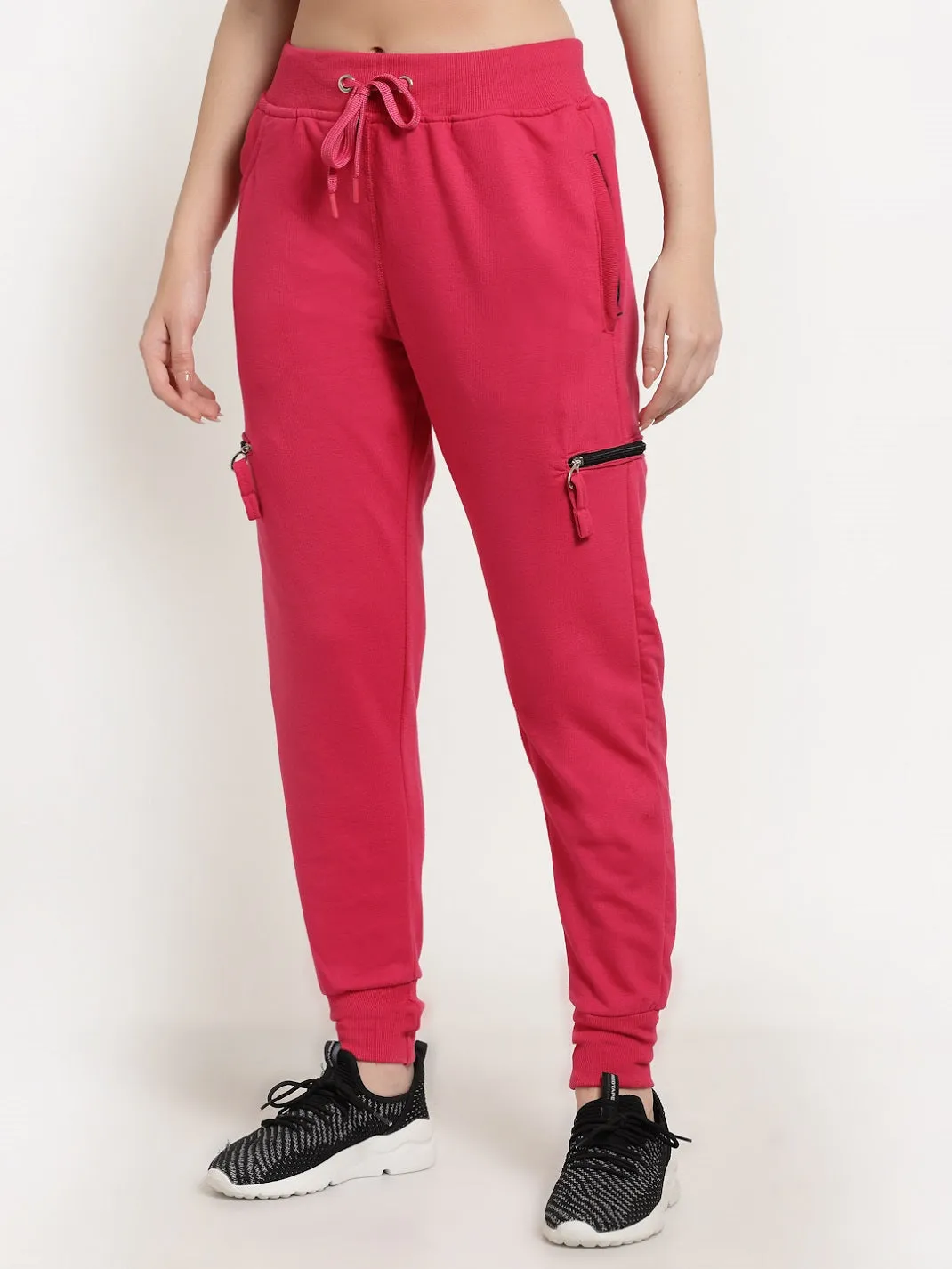 Women's Cotton Regular Fit Joggers Track Pants with 4 Zippered Pockets