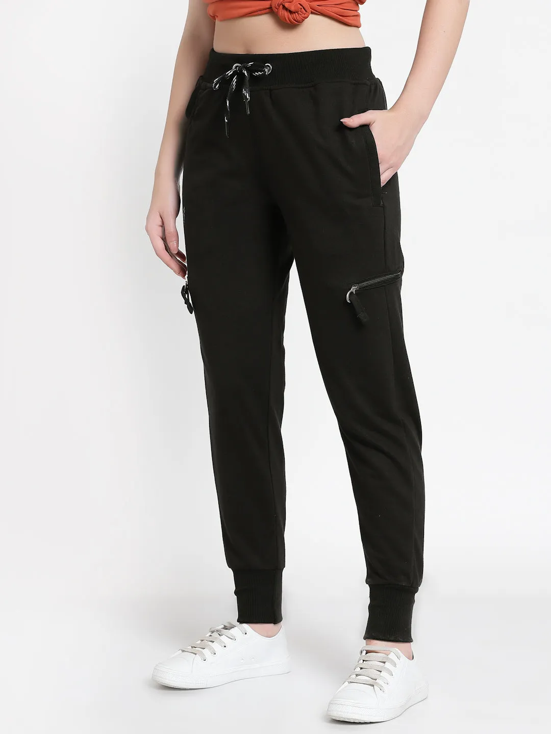 Women's Cotton Regular Fit Joggers Track Pants with 4 Zippered Pockets