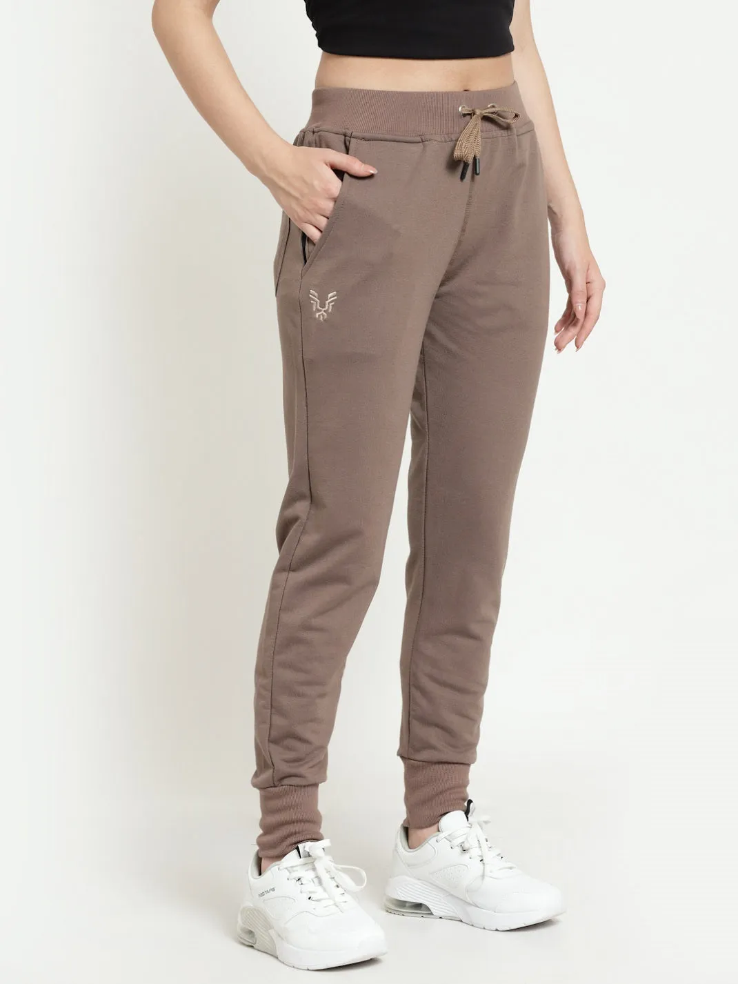 Women's Cotton Regular Fit Joggers Track Pants with Zippered Pocket