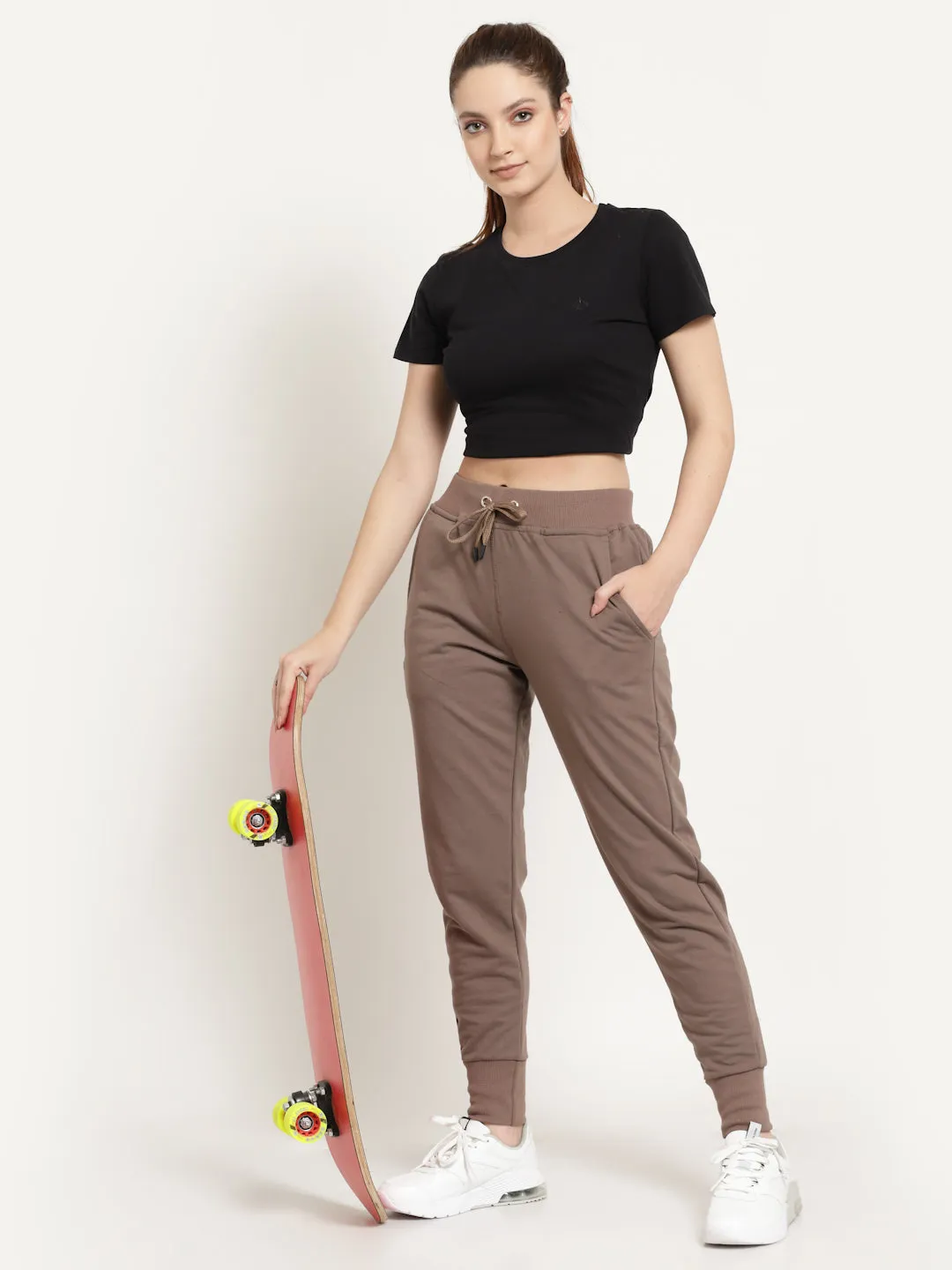 Women's Cotton Regular Fit Joggers Track Pants with Zippered Pocket