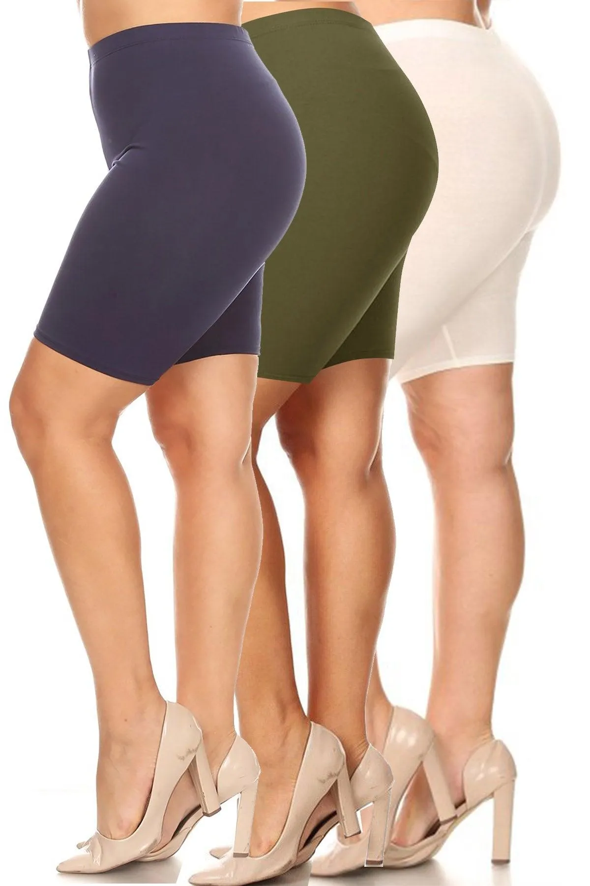 Women's Plus Size Casual Solid Elastic High Waist Stretch Biker Shorts (Pack of 3)