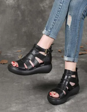 Women's Retro Leather Ankle Strap Sandals Black