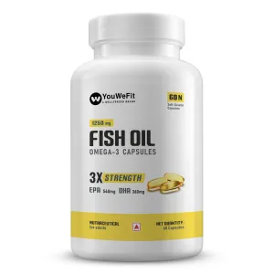 YouWeFit Omega-3 Fish Oil (60 capsules)| 1250mg Triple Strength Fish Oil Capsules (540mg EPA & 360mg DHA) | No Fishy Burps | For Joint & Heart Health